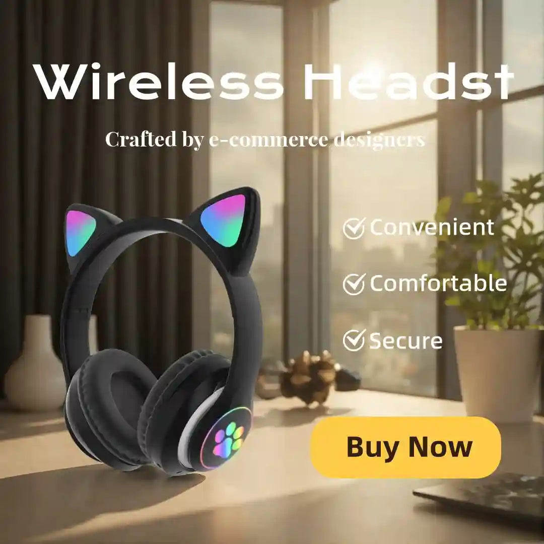 Wireless Over-Ear Cat Headphones with Low Latency Audio - Tidesmit Black Tidesmit