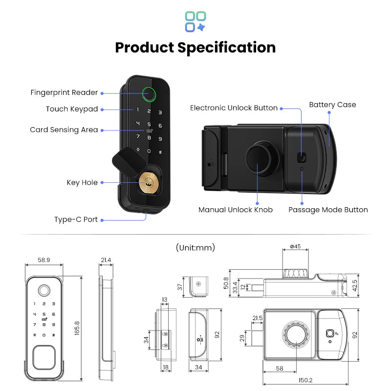 YRHAND Tuya wifi 8 language Fingerprint IP66 Waterproof Outdoor Gate Passcode Rfid Card Keyless Smart Rim Lock﻿ ﻿For home