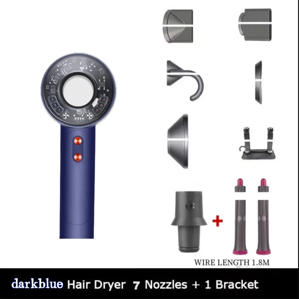 Dark blue high-speed leafless hair dryer with 7 attachments and stand for professional salon hair care styling.