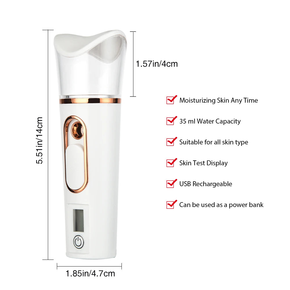 Portable white nano facial mist sprayer with skin hydration tester, 35ml tank, and USB power bank charging feature.