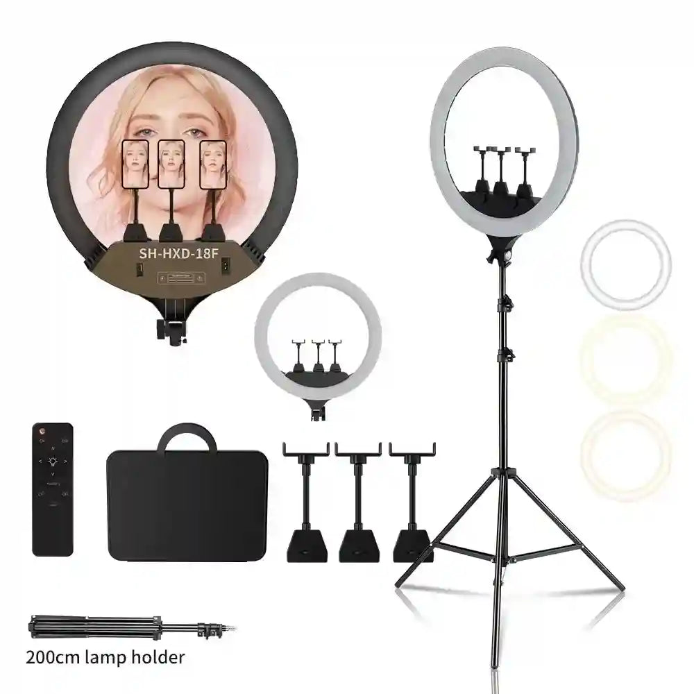 18-inch LED ring light with three phone holders, remote, carrying case, and adjustable 200cm tripod stand.