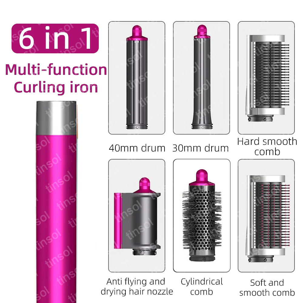 Hot pink 6-in-1 hair dryer set with curling barrels, smoothing brushes, and flyaway nozzle for professional styling.