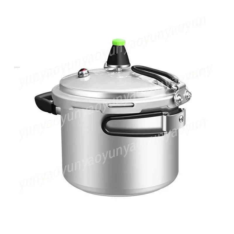 Portable pressure cooker with vented lid, black handles, silver cooking pot.