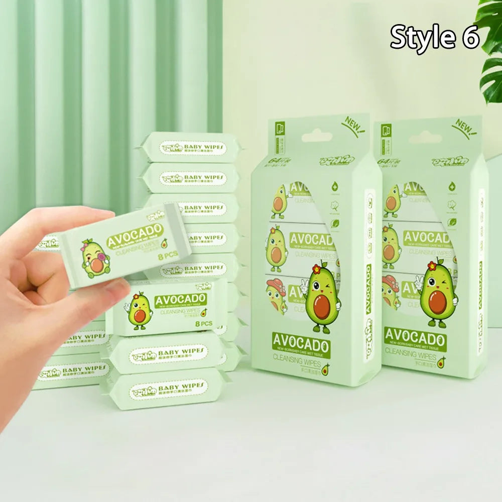 Avocado baby wipes cleansing tissue, 8-count travel packs in green packaging, gentle baby care for newborns.