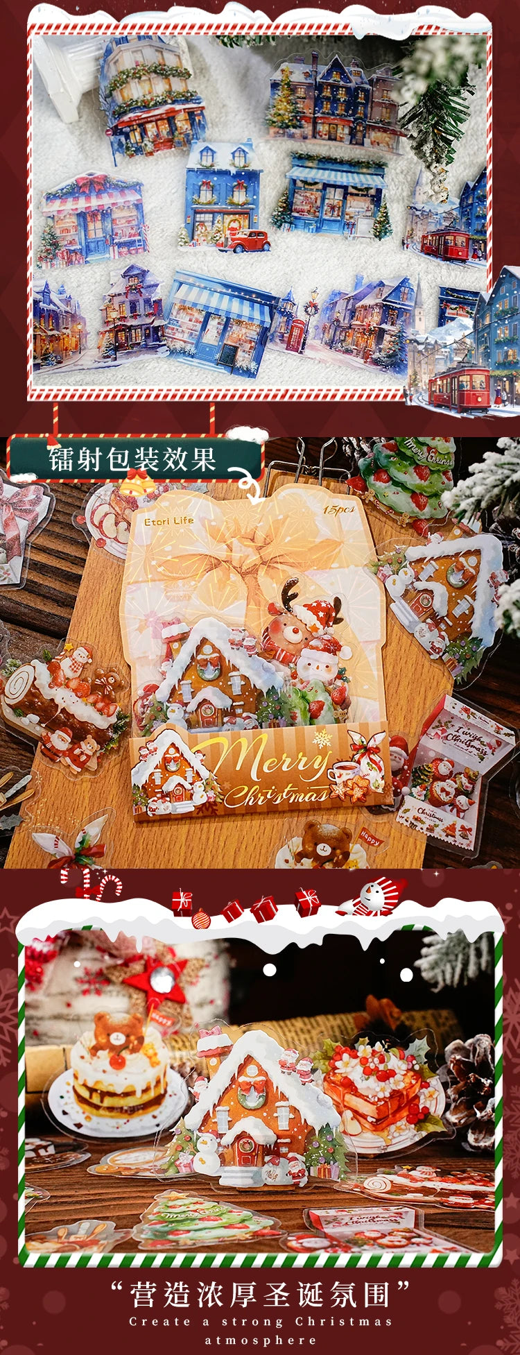 15 Sheets Christmas Theme PET Sticker Pack for Scrapbook DIY Photo Frame Collage Decor, Christmas Gift Decorative Stickers