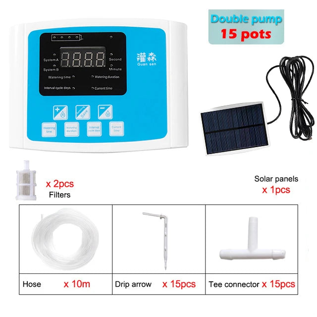 Double-pump solar drip irrigation kit with controller, solar panel, hose, and connectors
