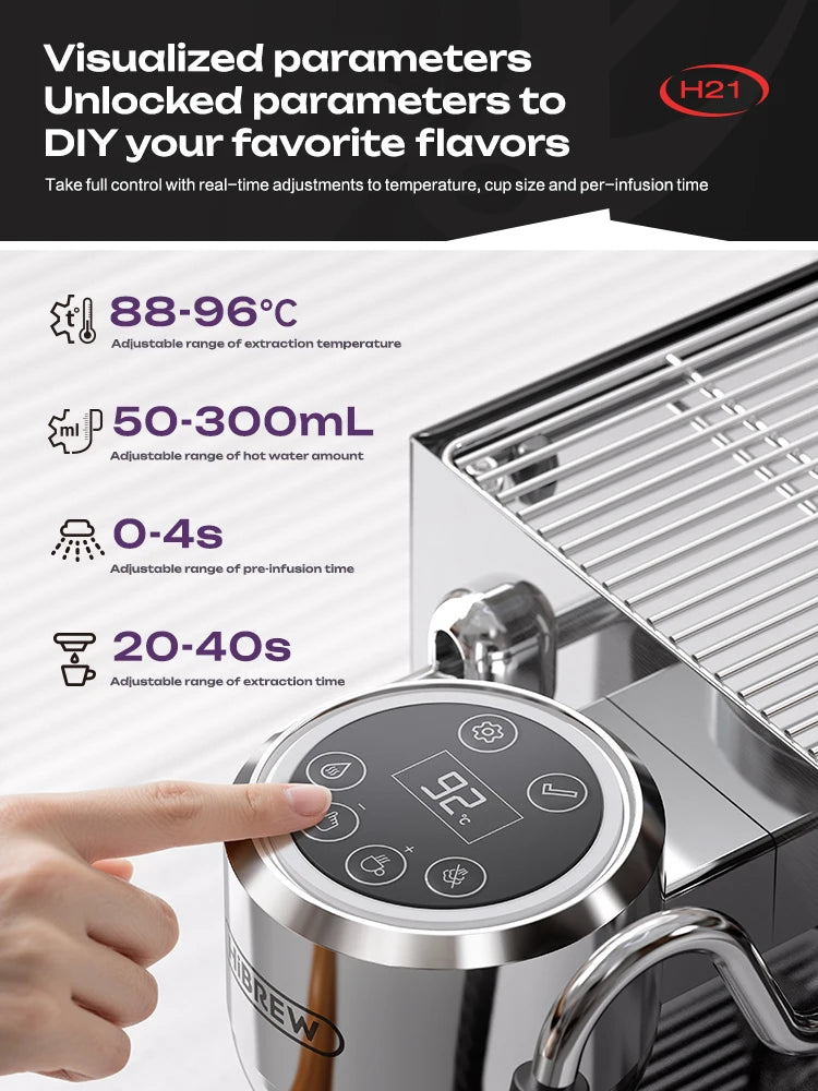 HiBREW H21 stainless steel espresso machine with digital touch display for adjustable temperature and brew settings.