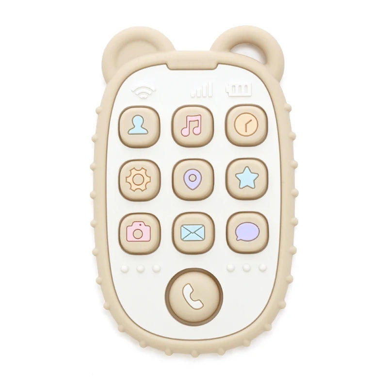 Beige silicone baby teething toy shaped like a phone. Safe, soft sensory relief for teething babies.