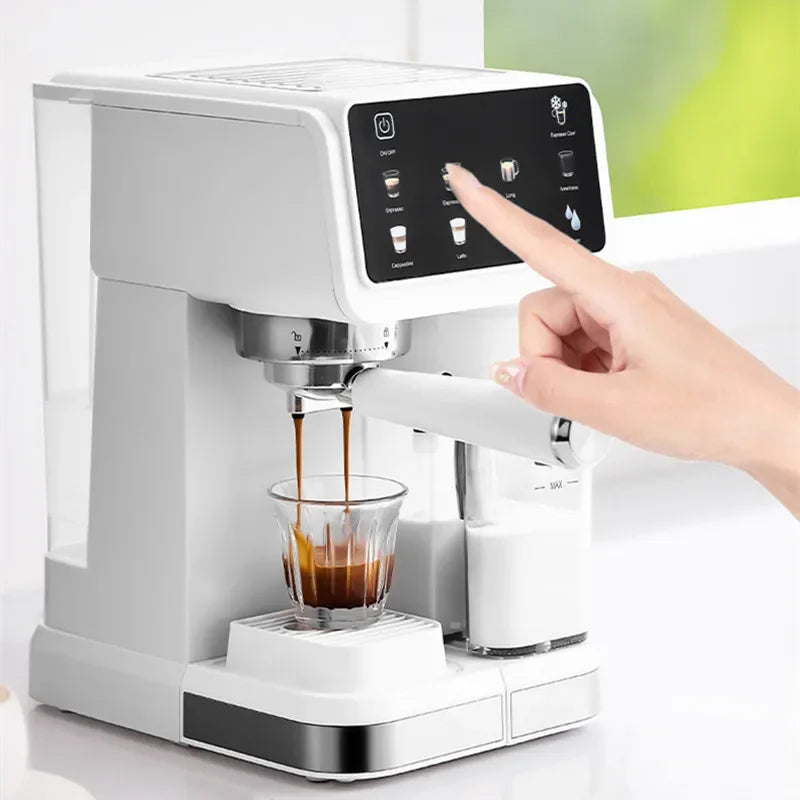 White automatic espresso machine with touch screen control panel, portafilter, and integrated milk frother.