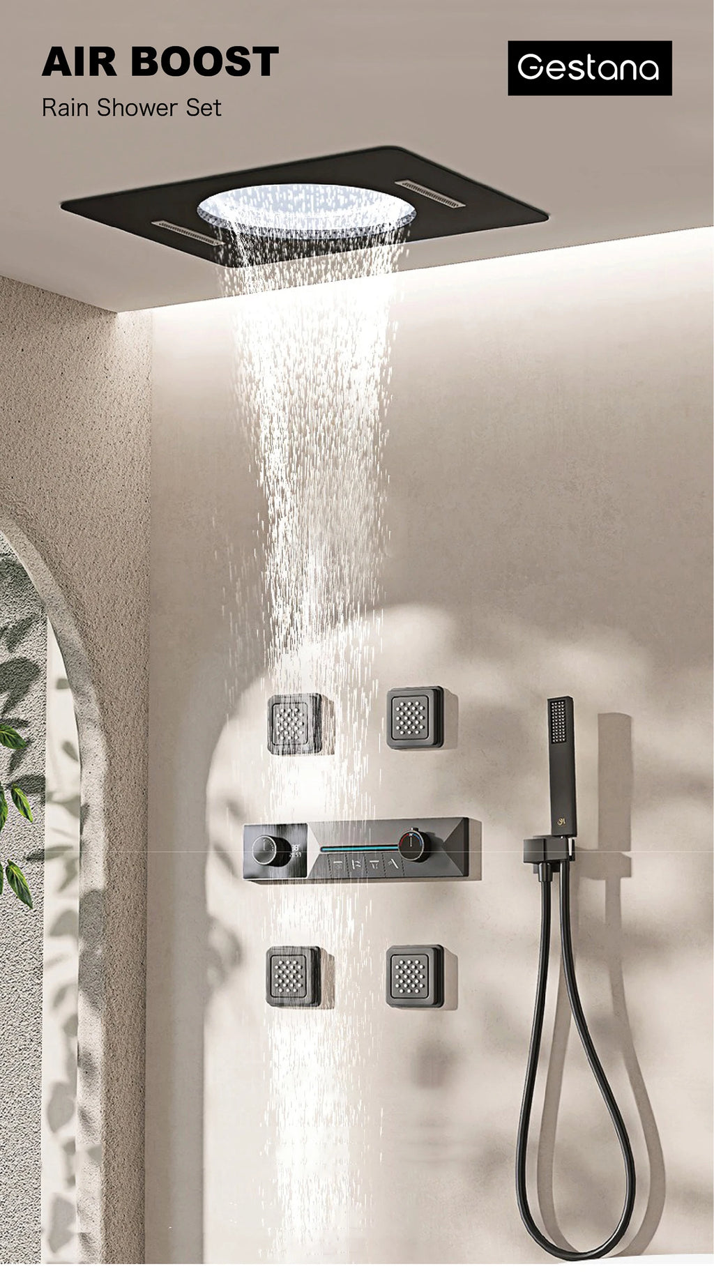 Gunmetal Gray Ceiling Mounted 4-Function Waterfall Shower System with Embedded Brass Thermostatic LED Display Body for Bathroom