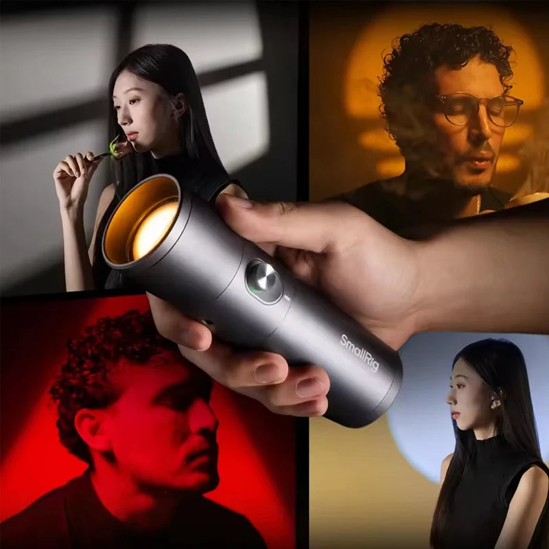 Compact, grey cylindrical handheld LED light with a warm-toned reflector for portable photography and creative lighting.