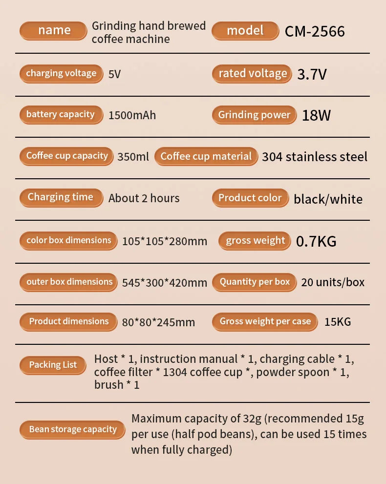 Portable CM-2566 coffee grinder machine, black or white, with 350ml stainless steel cup and 1500mAh rechargeable battery.