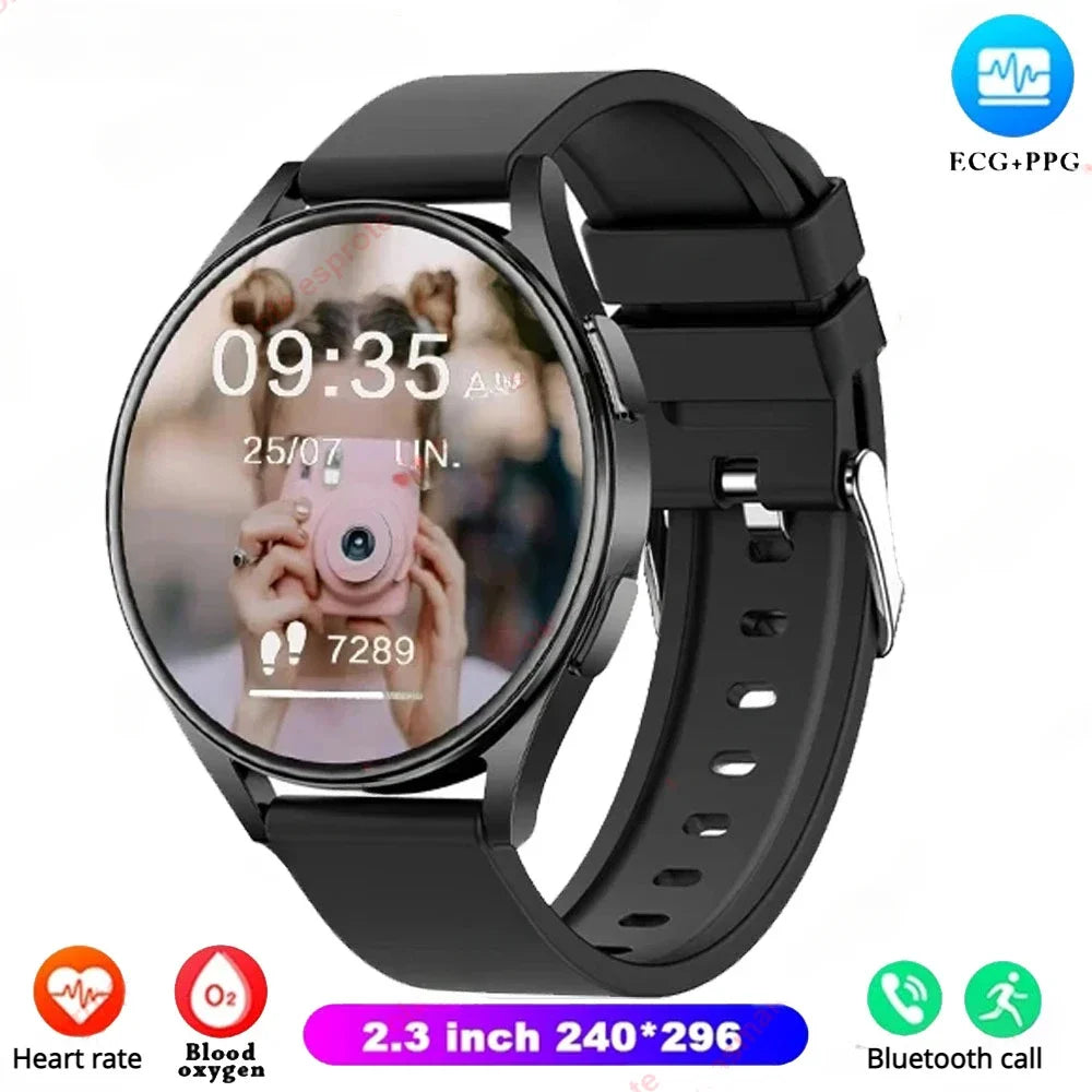 Bluetooth smart watch with black round screen and black silicone sport band
