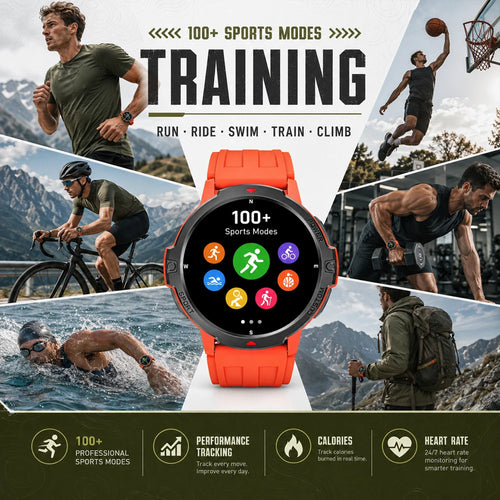 Orange GPS sports smartwatch with round screen and textured rubber band