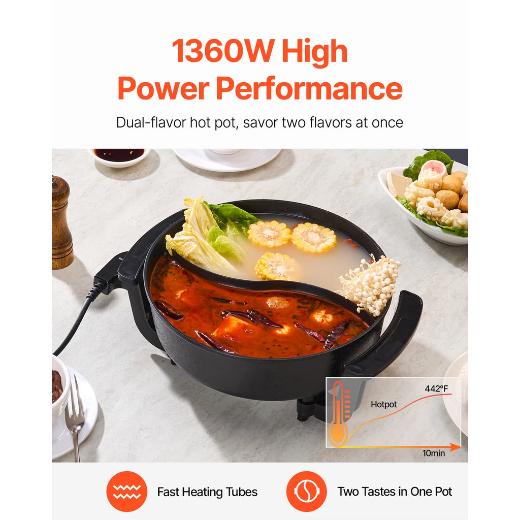 Black electric hot pot with glass lid and dual broth display, side handles