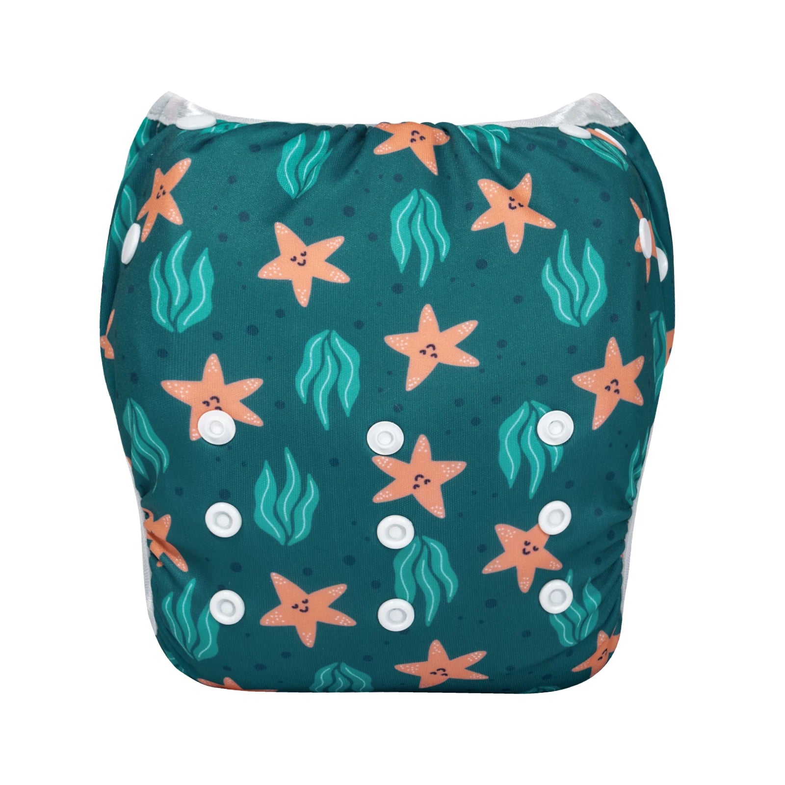 Reusable baby cloth diaper in teal with a starfish and seaweed pattern, featuring adjustable snap closures.
