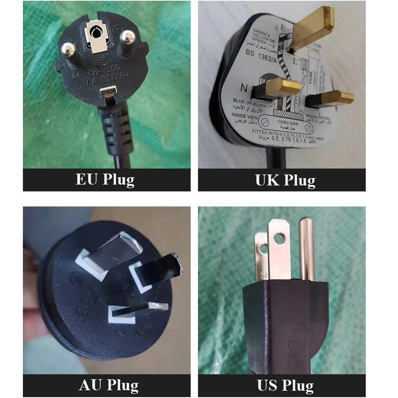 Comparison of EU, UK, AU, and US electrical power plug types for household coffee or tea makers.