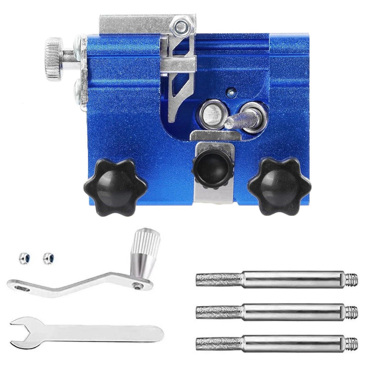 Blue manual chainsaw sharpener kit with burr stone bits and included wrench tools