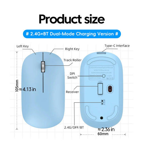 Light blue wireless dual-mode mouse showing top view with scroll wheel and bottom view with Type-C port and switches.