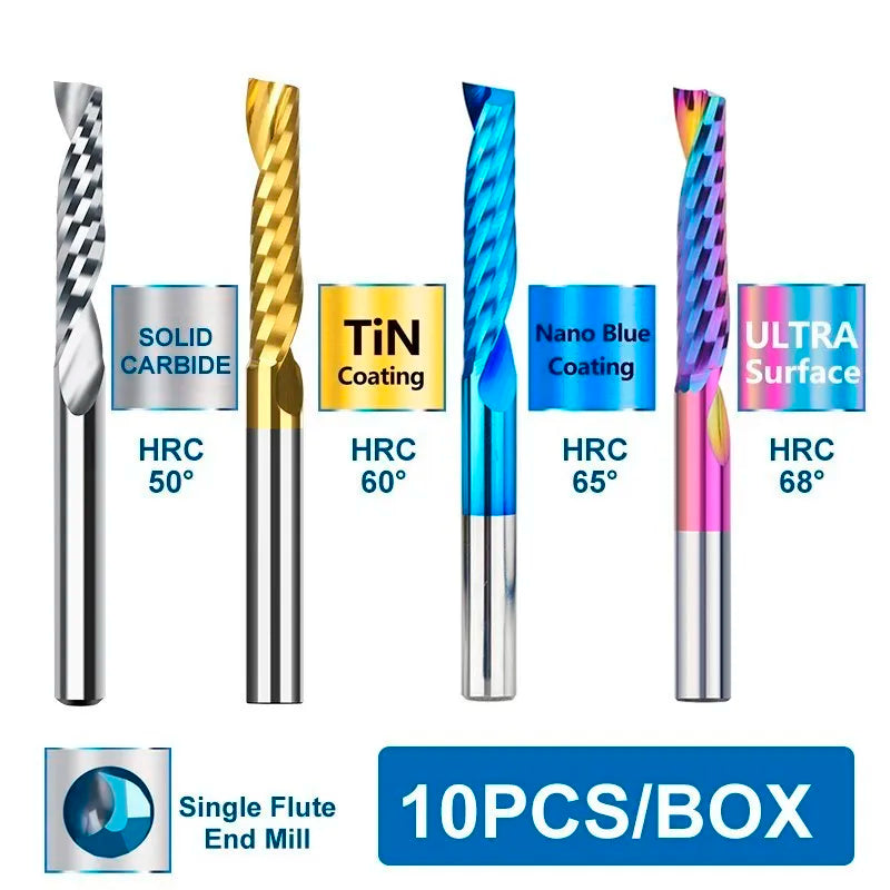 XCAN End Mills 10pcs 2x8mm 3.175 Shank Single Flute Spiral Router Bits for Cut Wood/Plastic 1 Flute CNC Milling Cutter