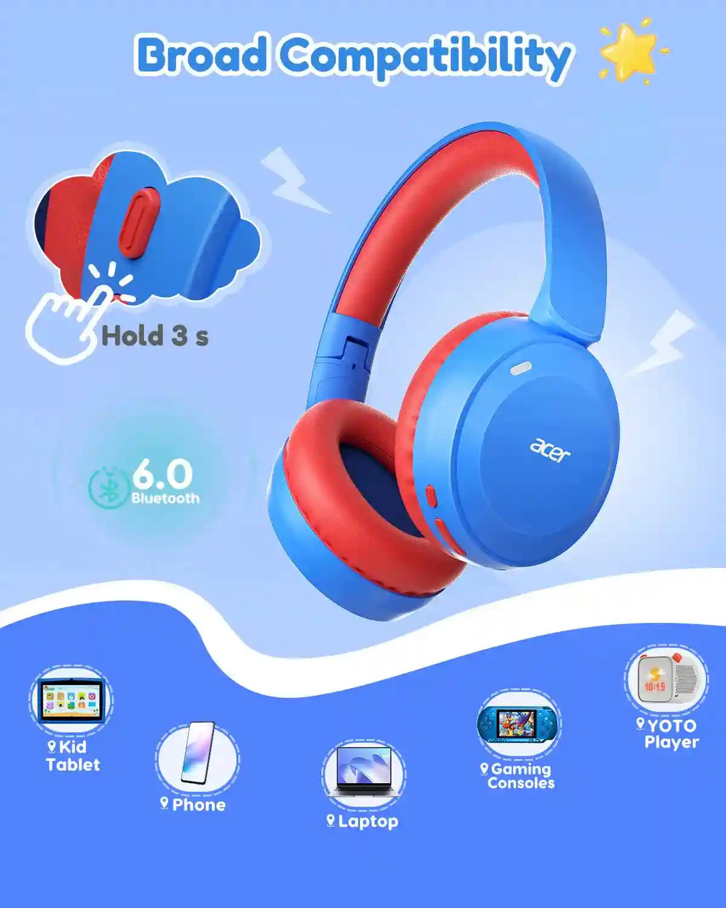 Kids Wireless Headphones, Volume Limited Bluetooth Over-Ear Headset Tidesmit