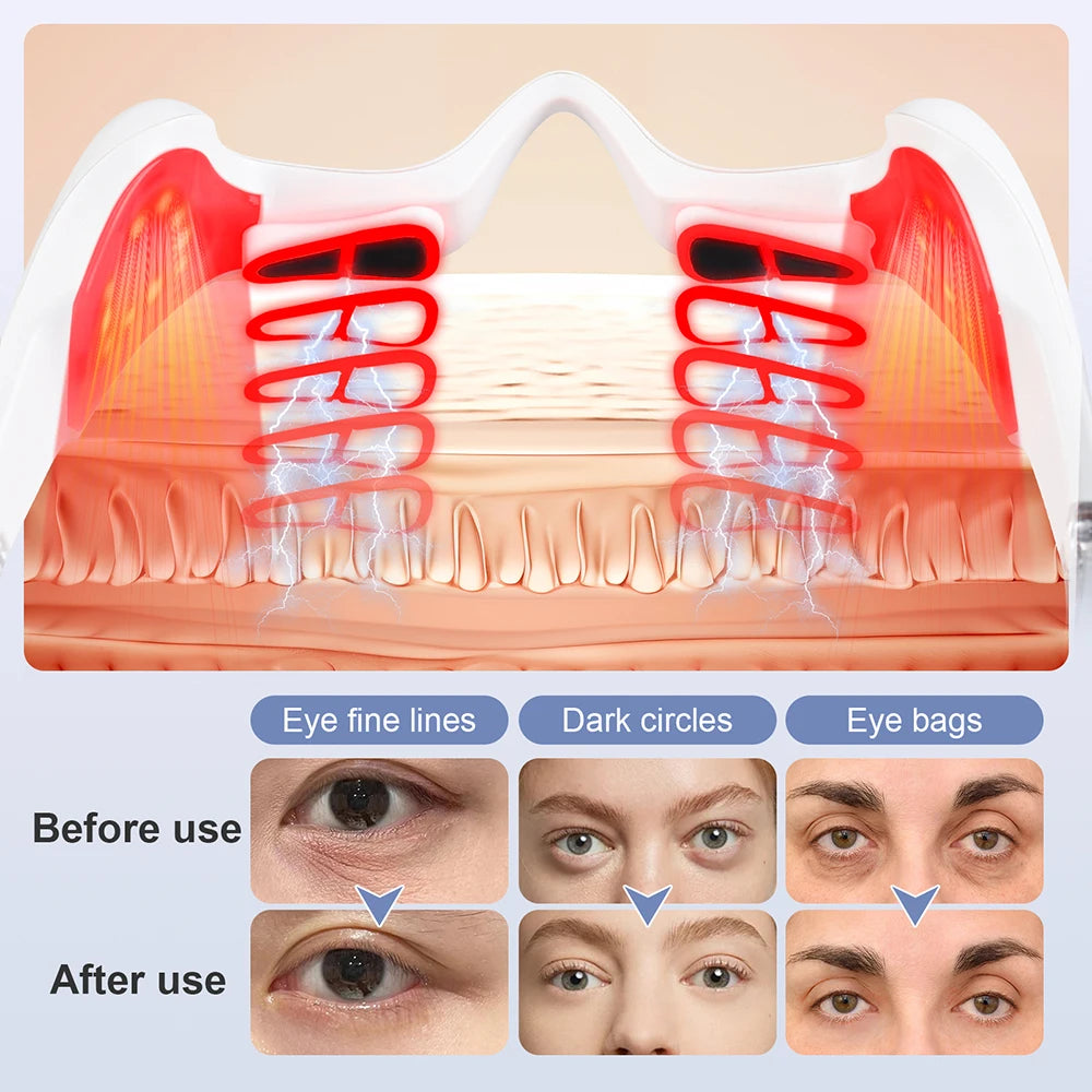 Electric red light eye massager glasses for anti-wrinkle treatment, dark circles, and under-eye fatigue relief.