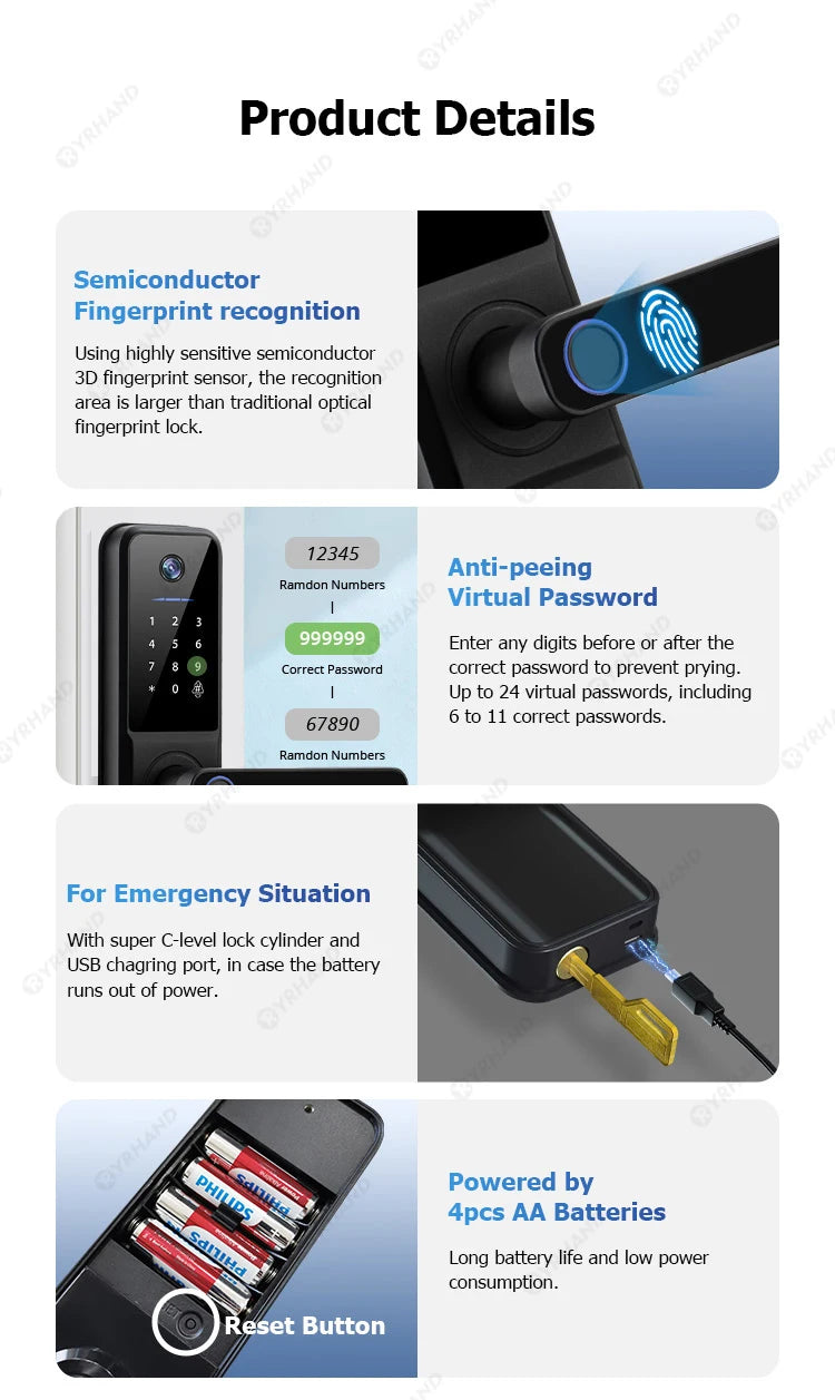 YRHAND Tuya Wifi fechadura eletronica digital Smart Door Lock With Biometric Camera Fingerprint Smart Card Password For home