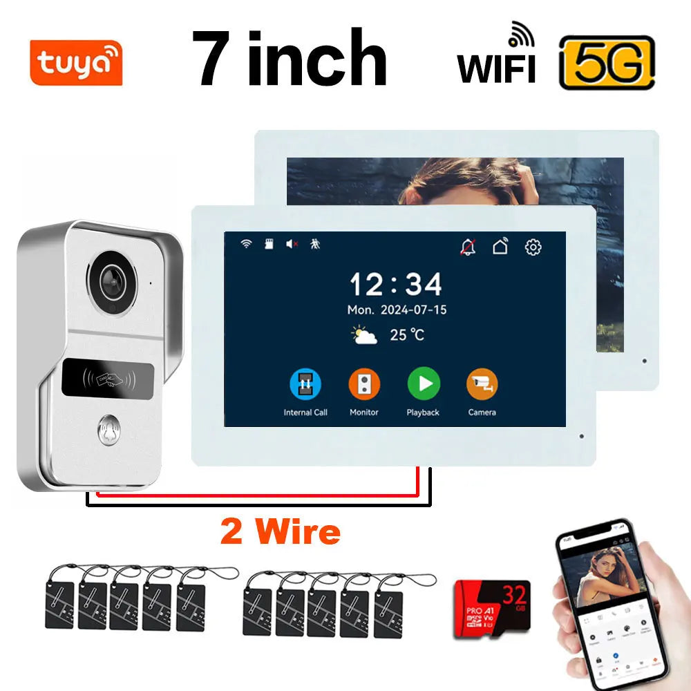7 Inch Tuya Smart Wifi Video Entry Phone Intercom System 1080P 2 Wire Home Video Doorphone Doorbell RFID Card Unlock Apartment