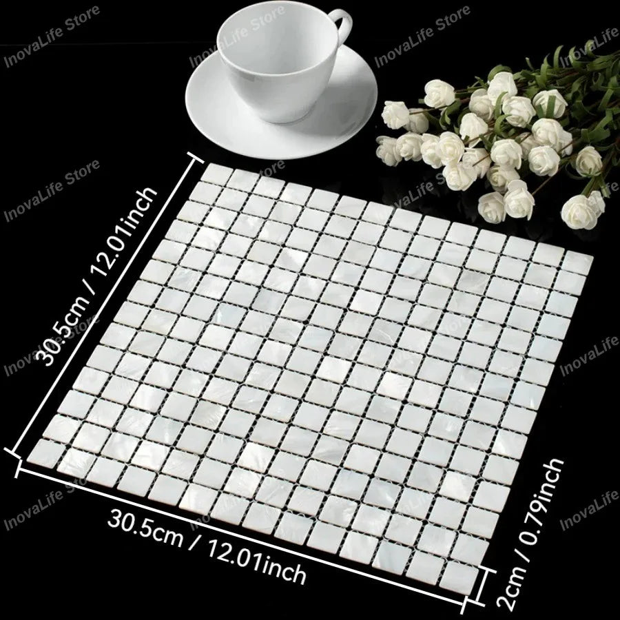Mother of pearl mosaic tile sheet, white squares with dark grid lines, 30.5x30.5 cm