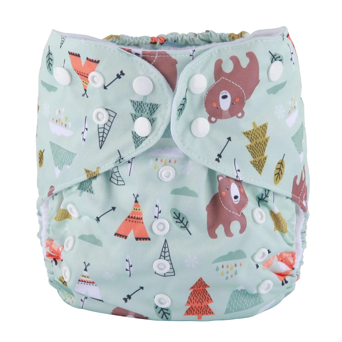 Reusable baby cloth diaper in mint green with woodland bear and teepee print, featuring adjustable snap buttons.