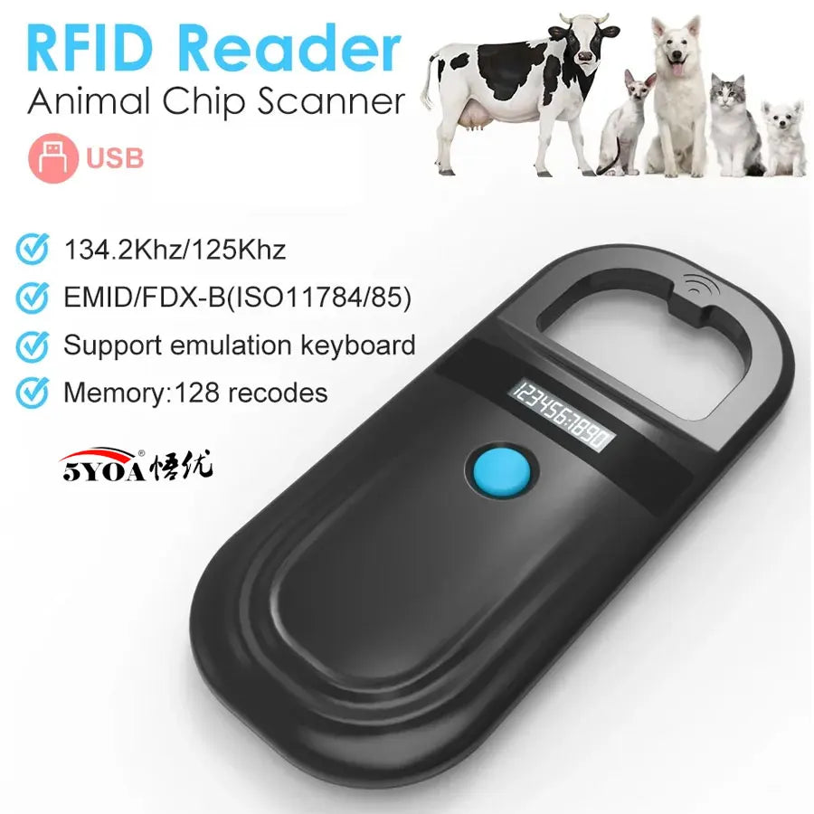 5YOA handheld RFID animal microchip scanner with OLED display for fast, accurate dog and cat pet identification.