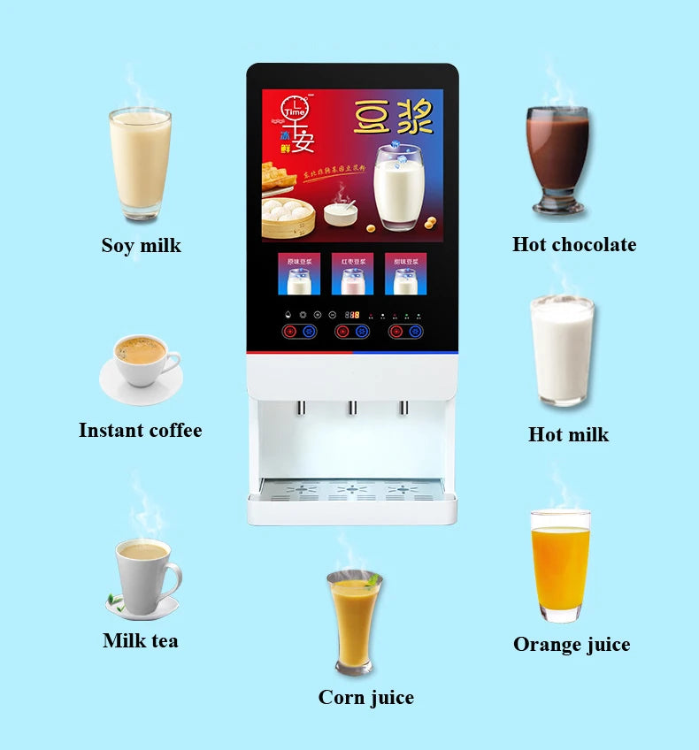 L-Time commercial white automatic beverage machine with touchscreen, serving soy milk, coffee, tea, and juice.