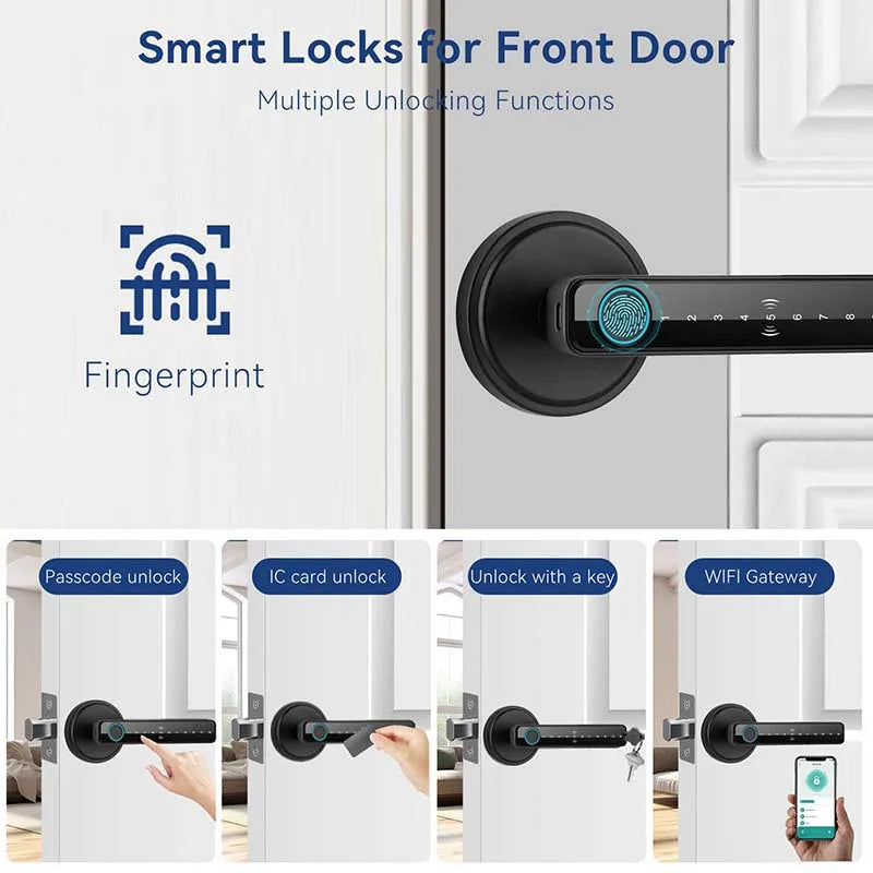 Tuya Handle Fingerprint Key Card Digital Smart Door Lock Keypad Key Entry Electronic Lock Home House 9 Languages Audio Playback
