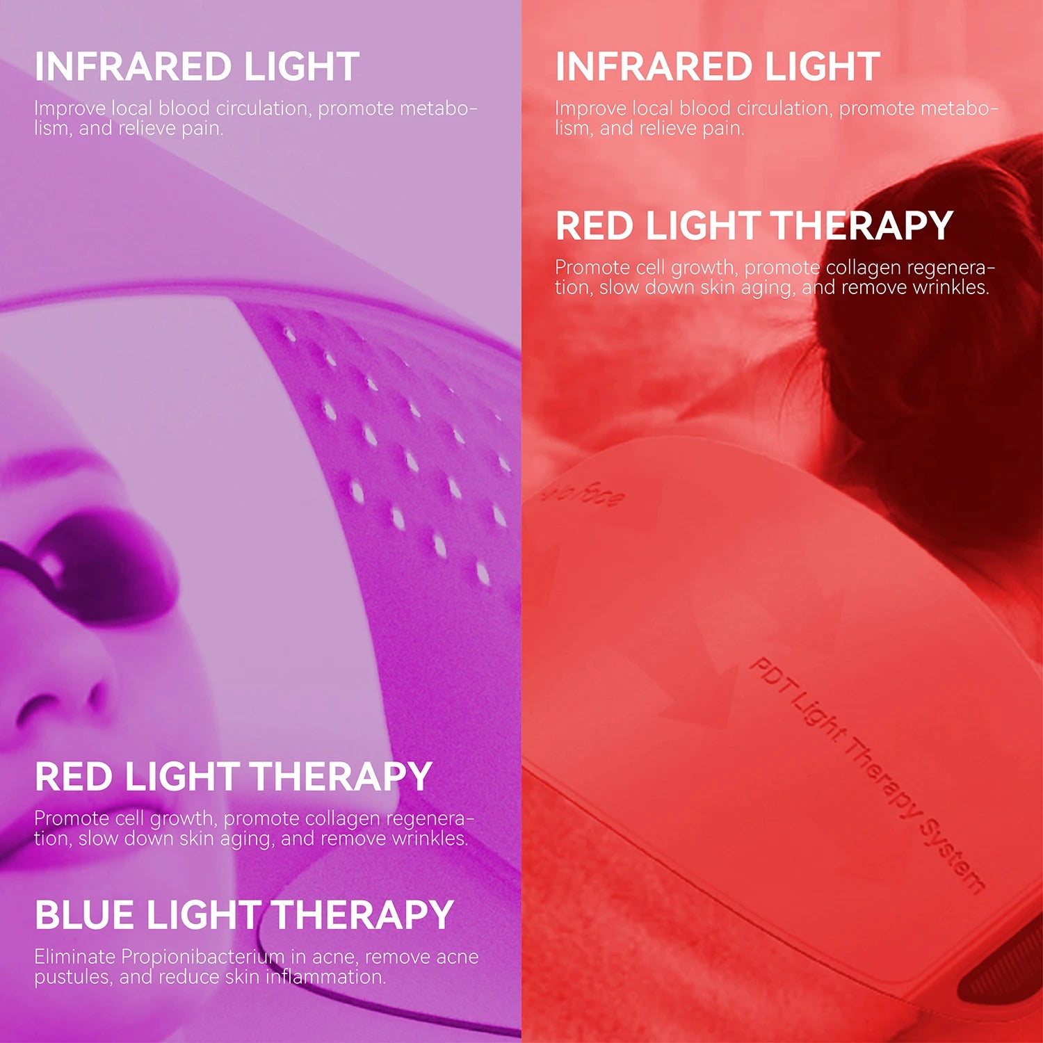 Split view of a person using a contoured LED light therapy face mask in infrared, red, and blue light modes.