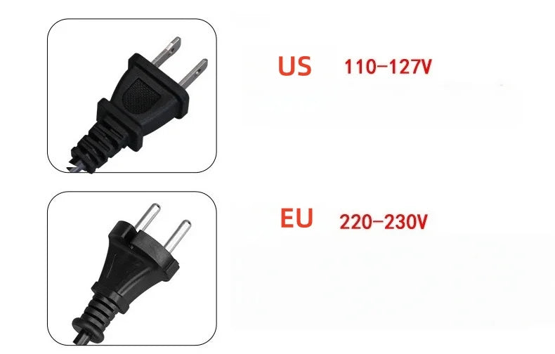 Wall-mounted hair dryer power cord options: US 110V and EU 220V plug types for hotel and household use.