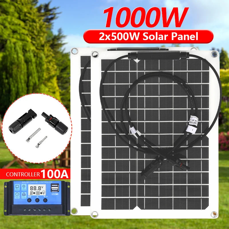 Ultimate Portable Power Bank: 500W/1000W Flexible Solar Panel for Off-Grid Marine & RV Use | 12V Charger with MC4 & Controller