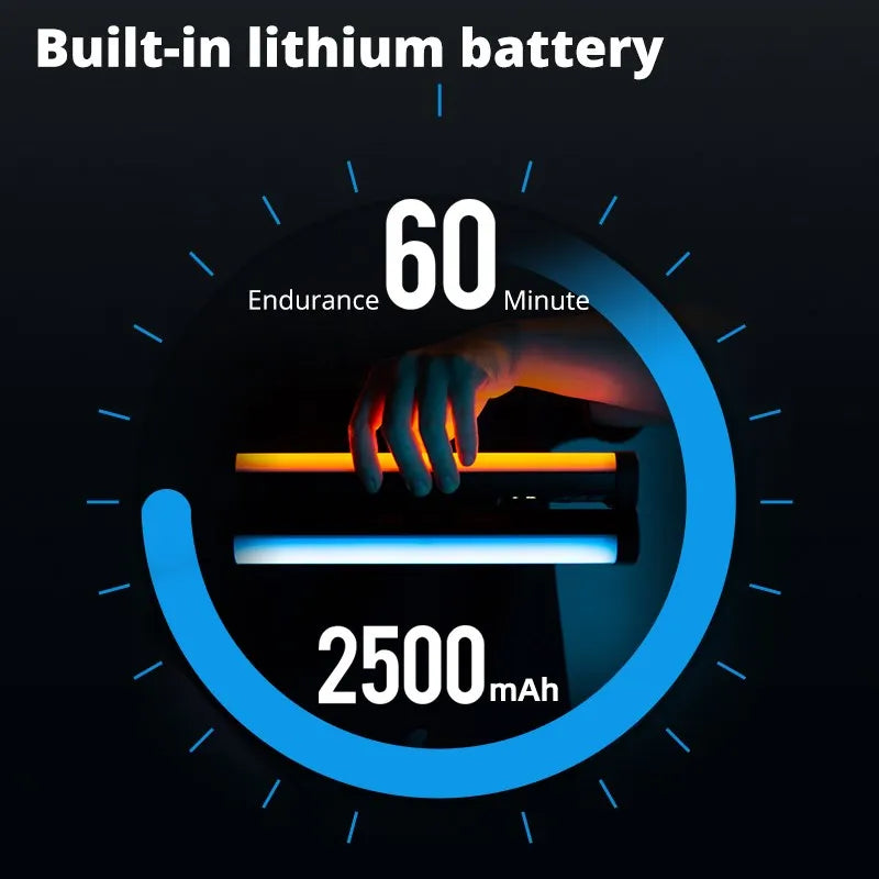 Handheld LED light bar showing a 60-minute battery life, 2500mAh capacity, and warm to cool color range.