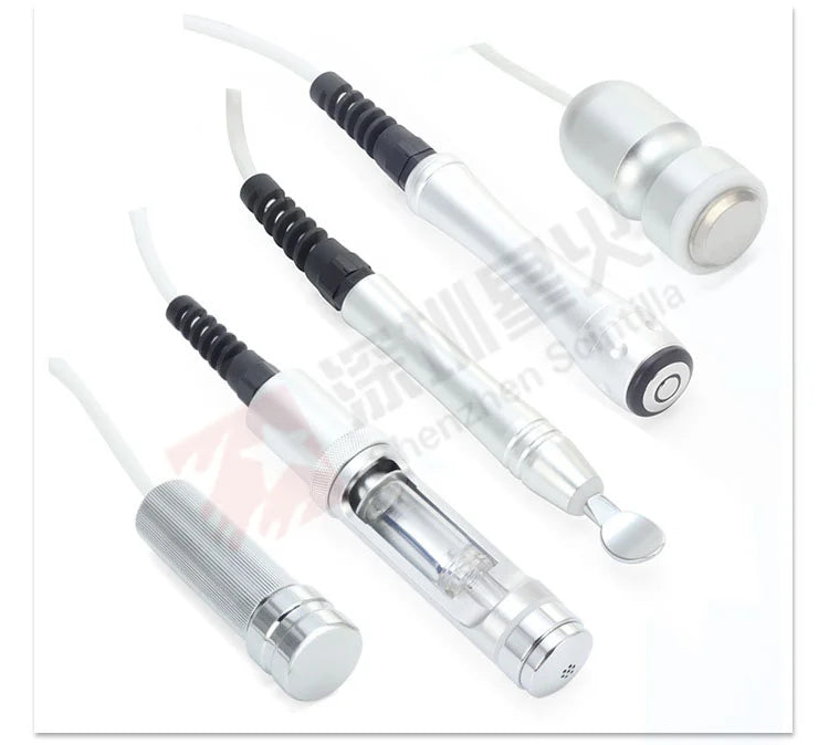 Silver 7-in-1 facial machine handpieces for hydro, ultrasonic, RF, and microcurrent skin lifting treatments.