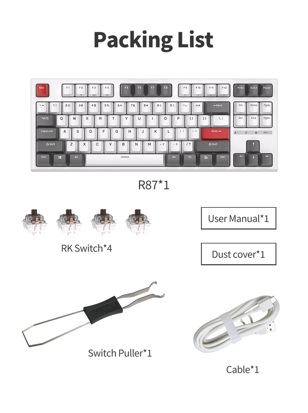 RK ROYAL KLUDGE R87 Wired Brazilian Gamer Keyboard 87 Key RGB Backlit Hot-swappable Mechanical Keyboard Customised Keycaps