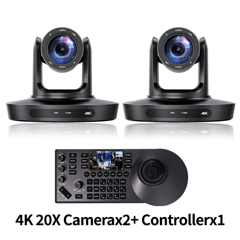 Video conferencing PTZ camera kit: two black PTZ cameras and a control console