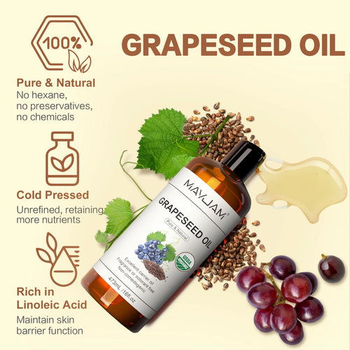 Grapeseed oil bottle with infographic featuring grapes, cold-pressed and USDA organic