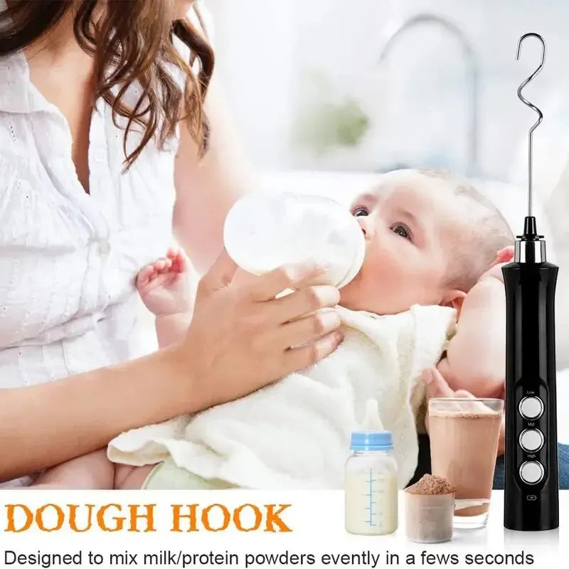 Black handheld electric milk frother with dough hook attachment for mixing baby formula and protein powders.