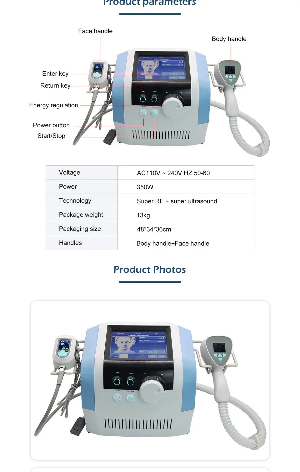 Ultra 360 body contouring machine with RF, ultrasound, face and body handles, digital display, and sleek blue design.