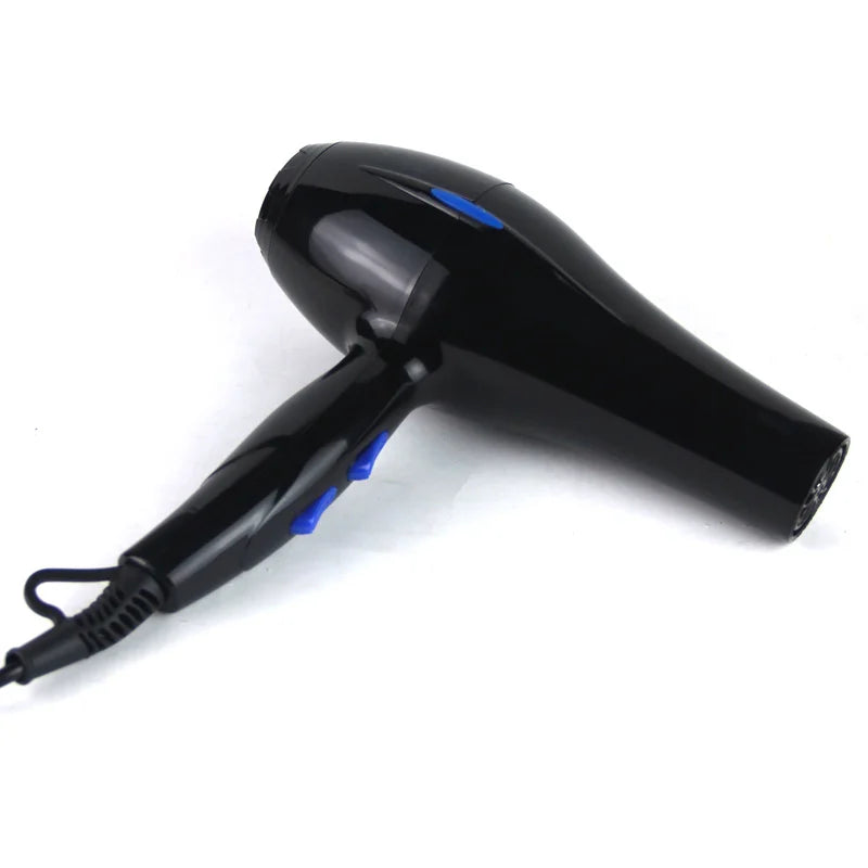 Black professional hair dryer with blue control buttons, EU plug, for salon and home hair styling.