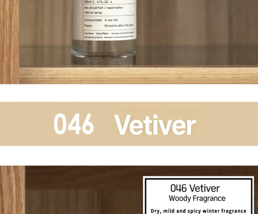 Alice Peter 046 Vetiver 100ml unisex woody Eau de Parfum. Minimalist clear glass bottle, dry, spicy winter scent.