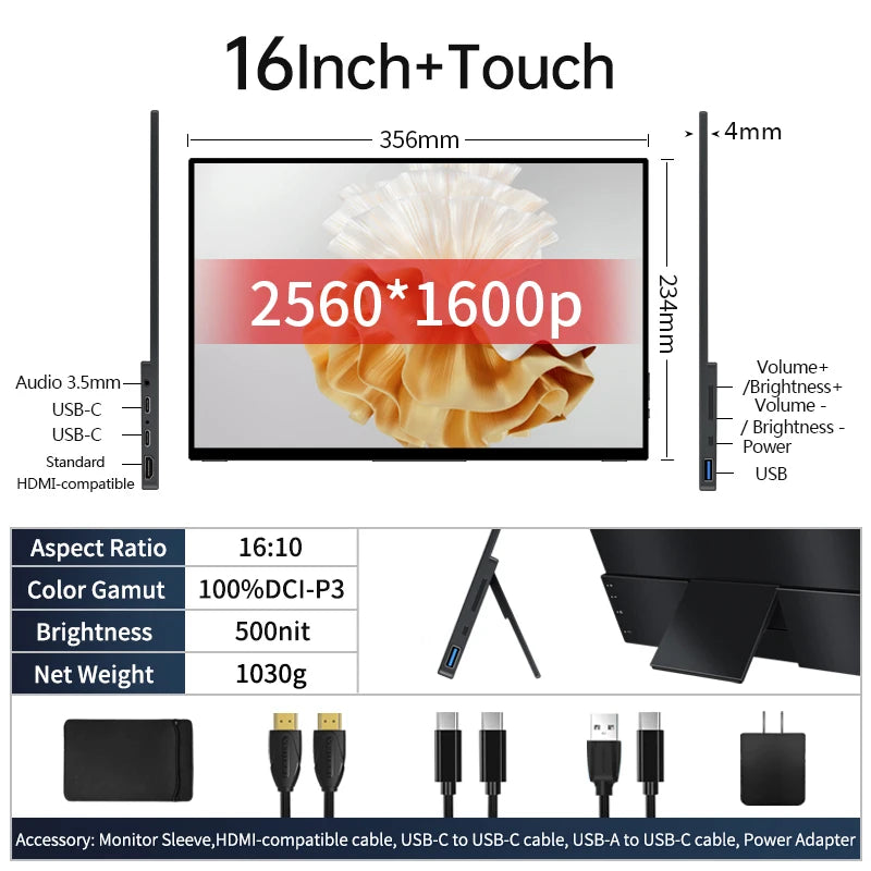 VCHANCE 16 Inch 2.5K Portable Monitor 16:10 2560*1600p 100%DCI-P3 500Nit Travel Second Gaming Display for Laptop Xbox Switch PS4