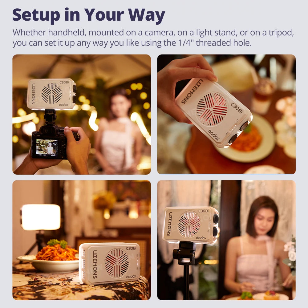 Litemons C30Bi compact white rectangular LED video light with controls, shown handheld, on a camera, and on a stand.