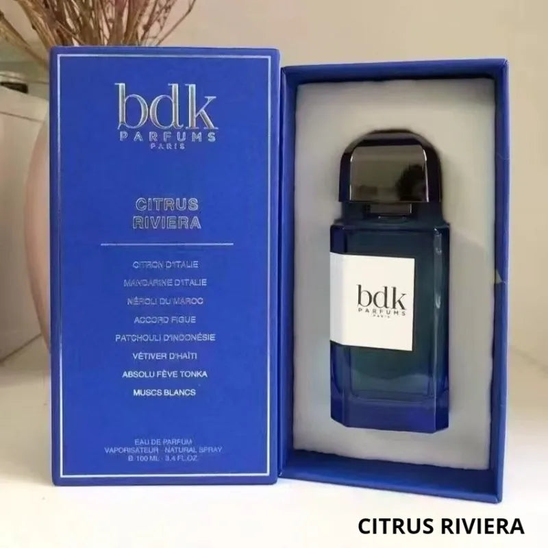 BDK Parfums Citrus Riviera 100ml Eau de Parfum, unisex citrus fragrance in a tall blue bottle, featuring neroli and fig.
