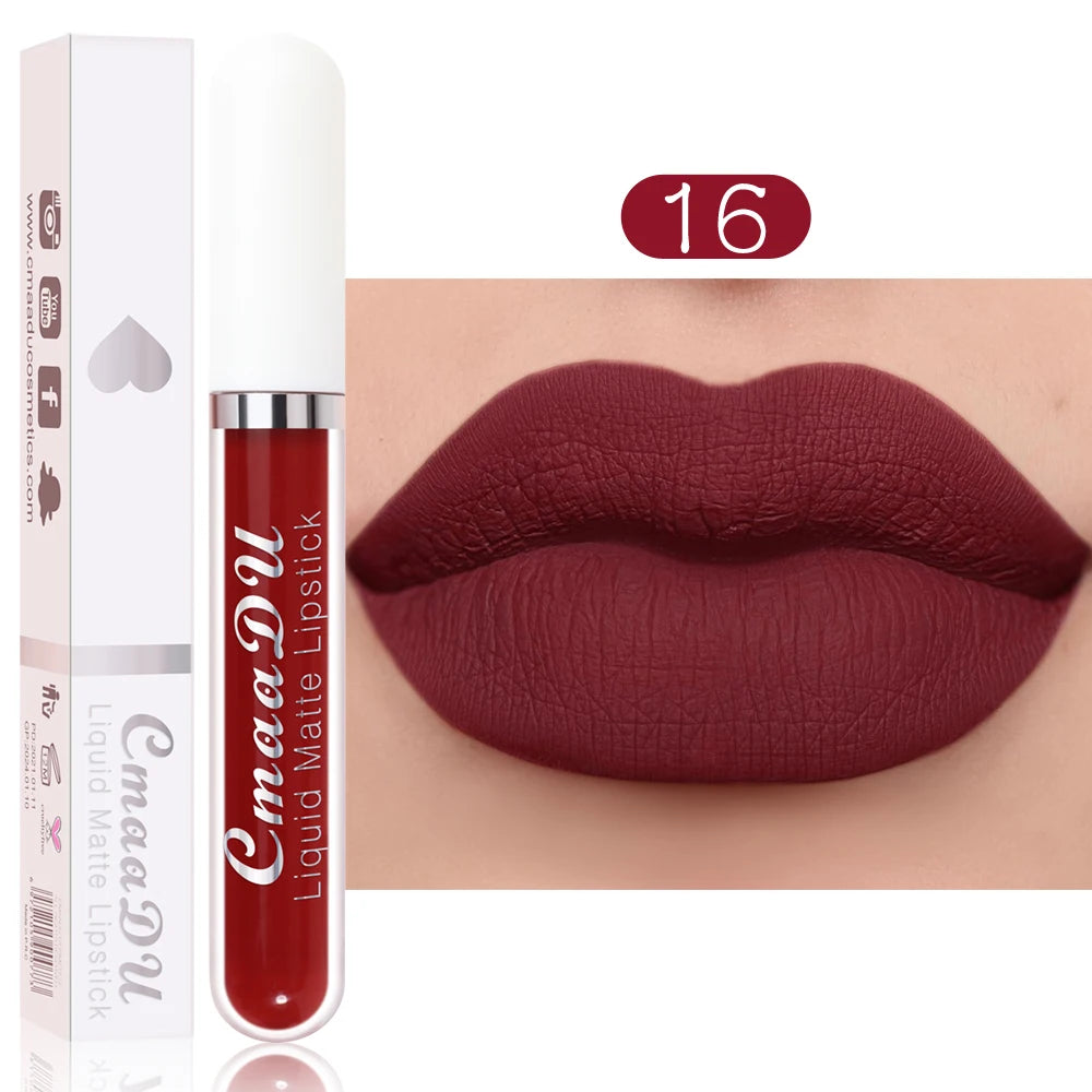 Cmaadu long-lasting waterproof liquid matte lipstick in deep wine red shade with a smooth, non-stick velvet finish.