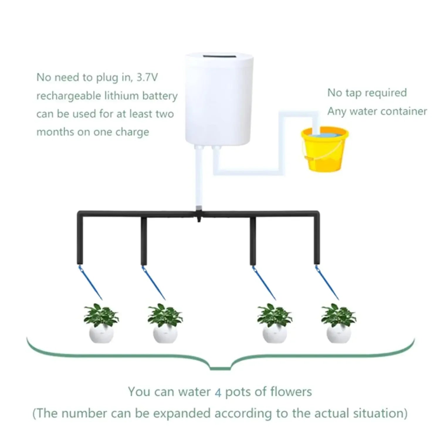 Automatic drip irrigation pump with black distribution bar and four plant drippers, battery-powered.